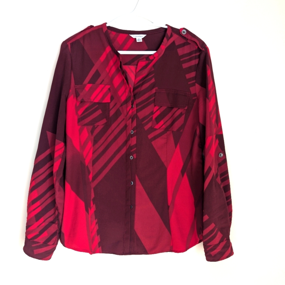 Calvin Klein Chic Red Geometric Blouse Office Academia Minimalist Business M